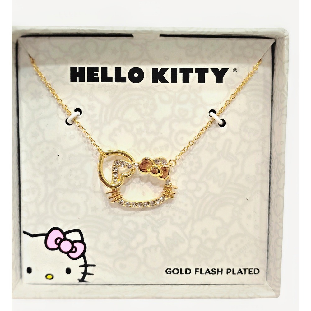 Hello‎ Kitty Gold Flash Plated Crystal Kitty Outline Heart Charm Necklace